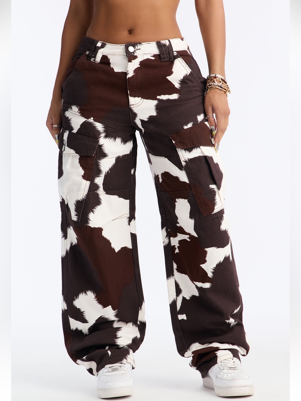 Fashion Nova Brown & White Cheyenne Cargo Jeans - Picture 1 of 9
